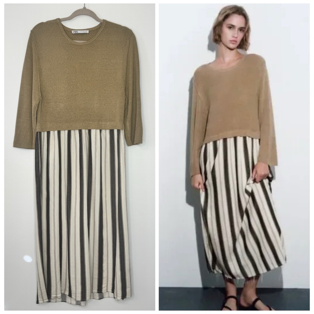 Zara Beige Top with Black and Cream Striped Maxi Skirt Dress
